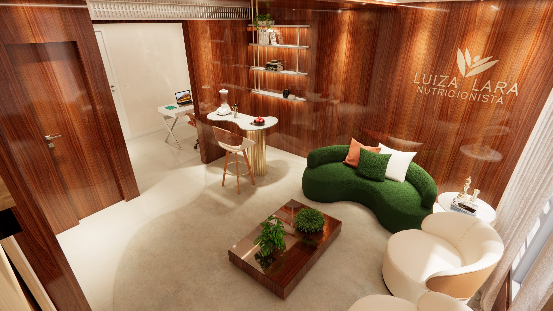 Projeto assinado PHC Arquitetura — lounge com marcenaria em madeira nobre e sofá curvo verde